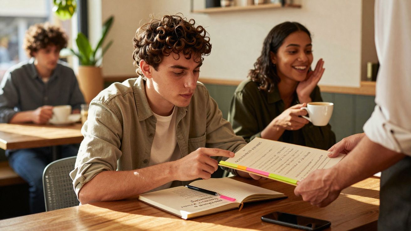Jovem a analisar e a receber um menu, com outra pessoa a beber café num café acolhedor.
