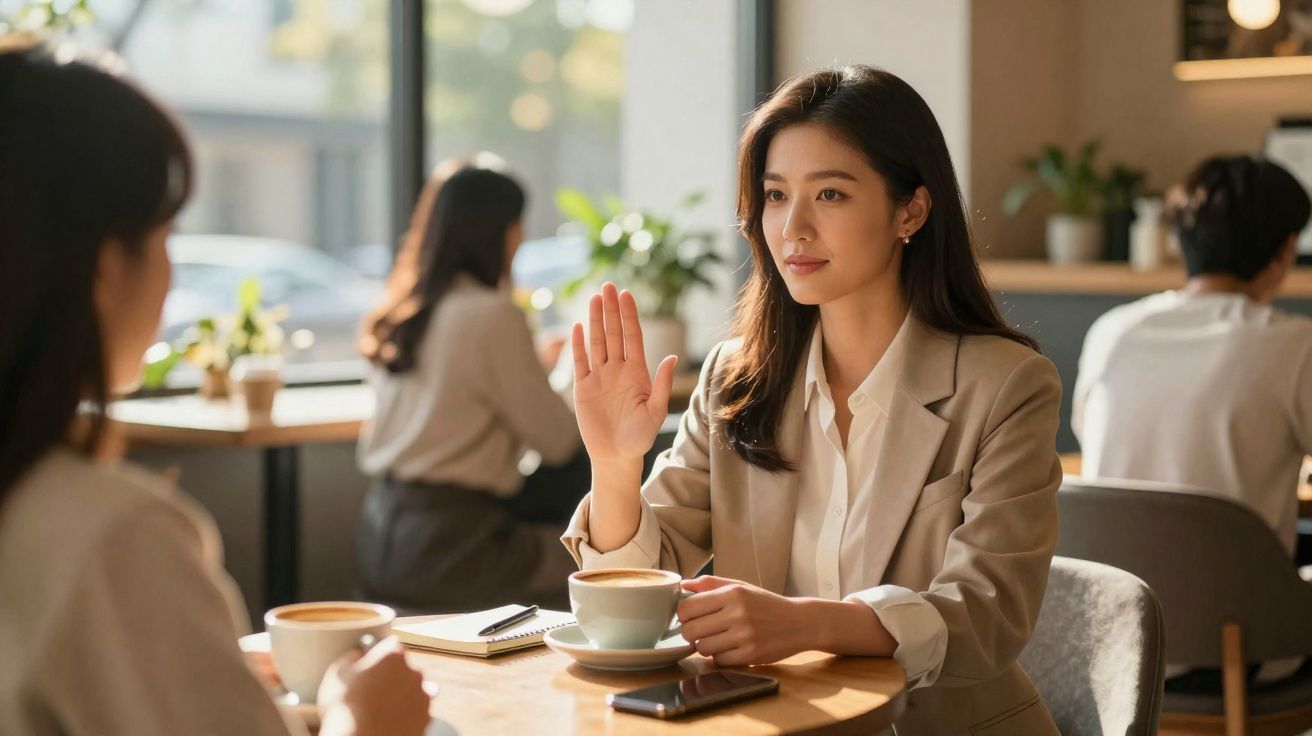 Mulher sentada numa cafetaria a levantar a mão, segurando uma chávena de café, com outra pessoa à sua frente.