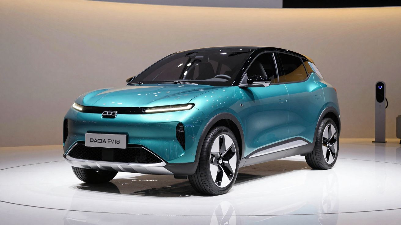 Carro elétrico Dacia EV18 azul turquesa com design moderno apresentado em exposição.