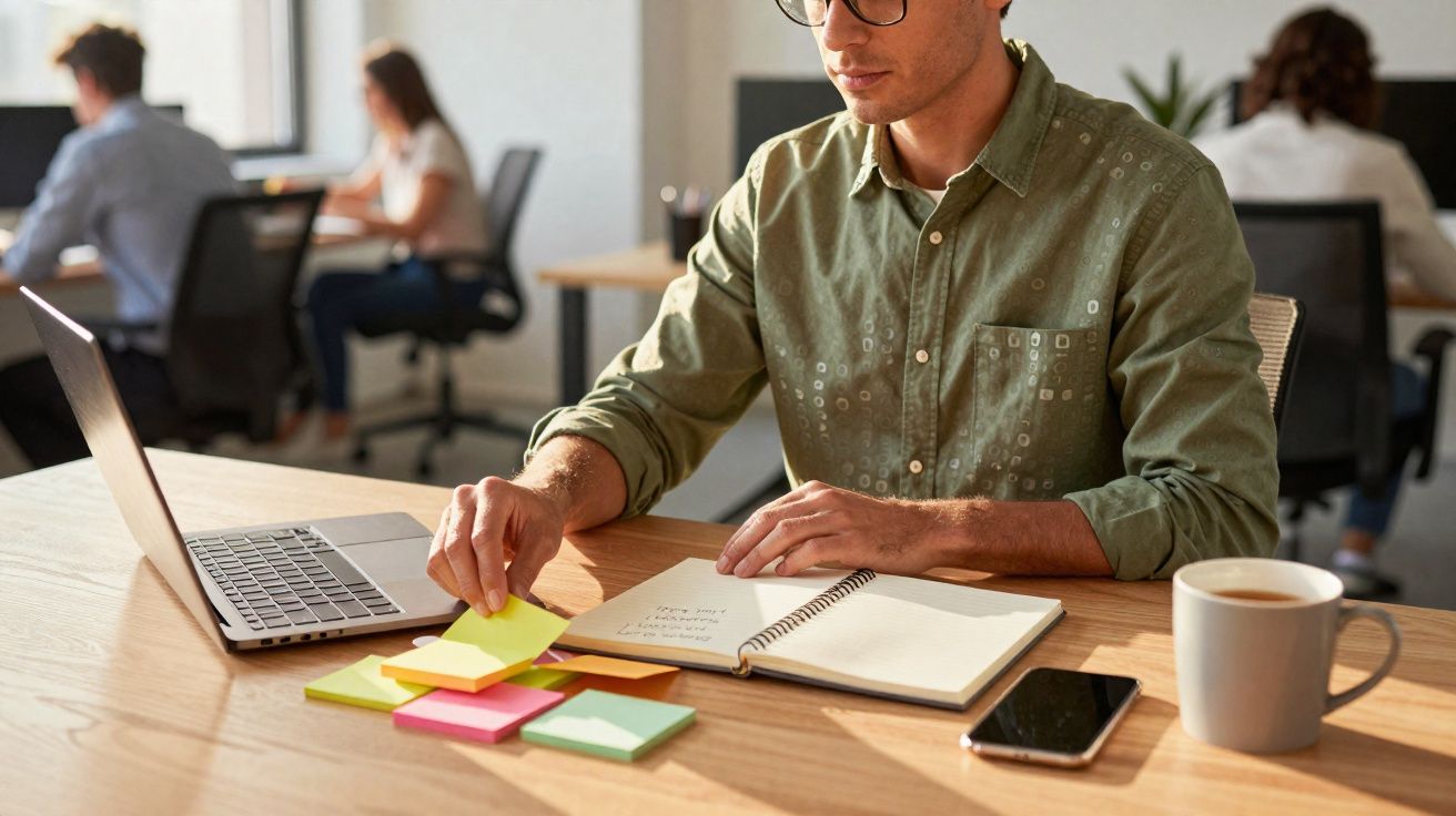 Jovem sentado numa mesa de escritório a organizar notas adesivas, com caderno, computador portátil, telemóvel e chá.