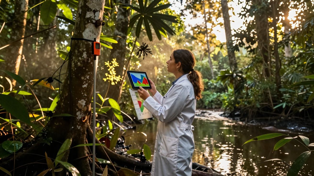 Cientista em bata branca analisa dados num tablet junto a sensores numa floresta próxima a um rio.
