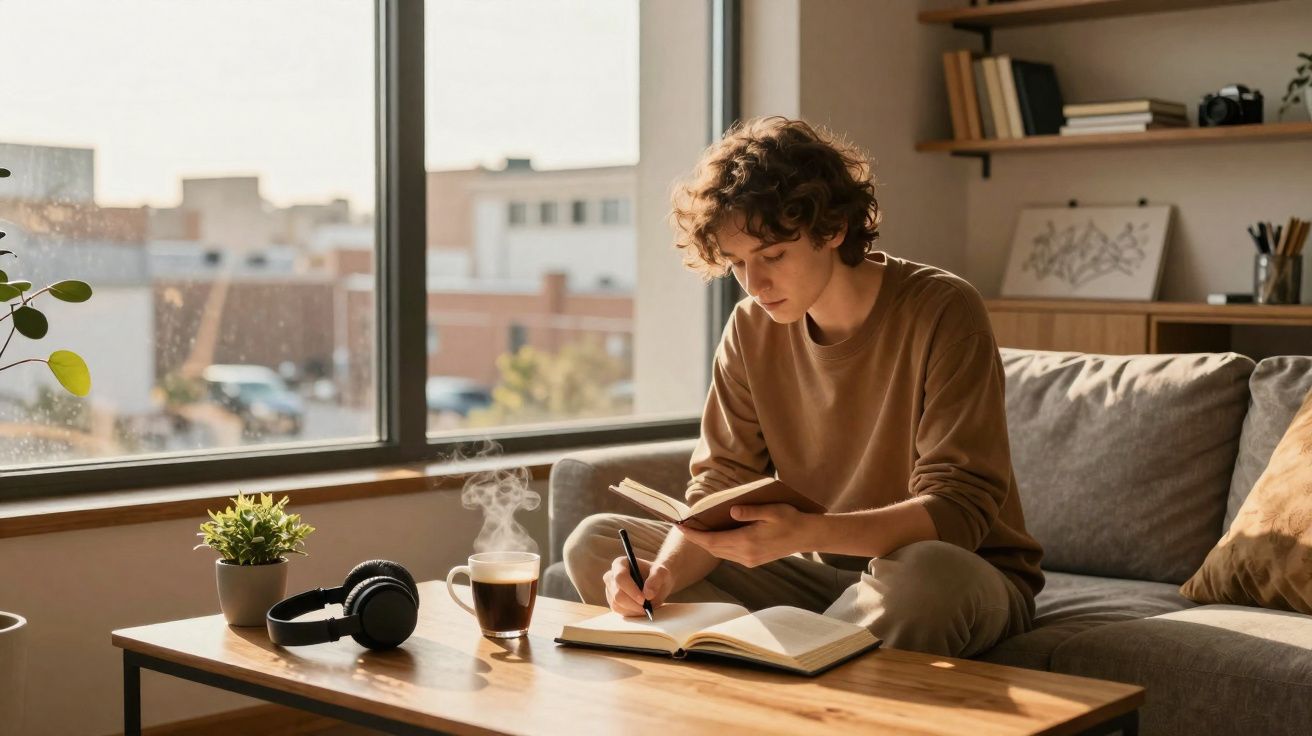 Jovem sentado no sofá a escrever num caderno, segurando um livro, com café quente e auscultadores numa mesa.