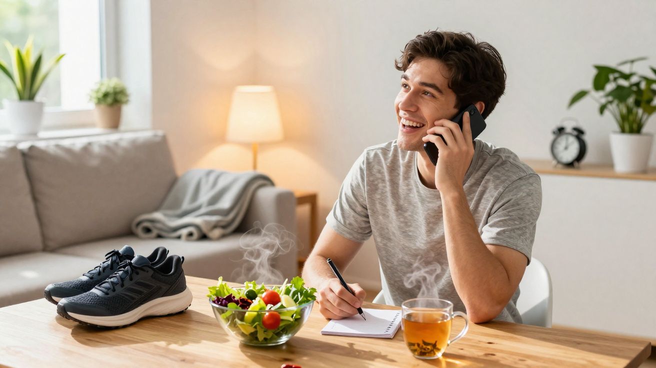 Jovem sentado a conversar ao telefone, a escrever e à frente uma salada, chá quente e ténis pretos numa mesa.