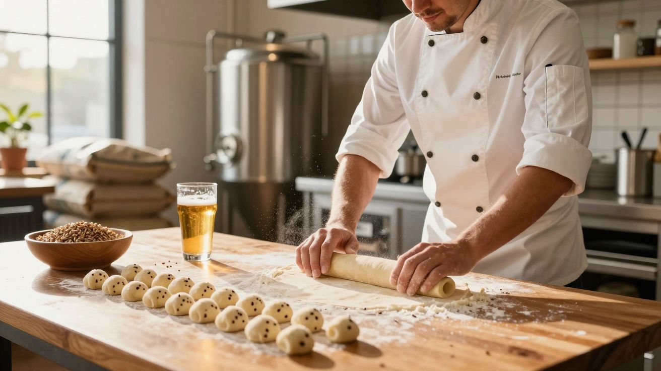 Chef vestido de branco a estender massa na bancada de madeira com bolas de massa e uma bebida ao lado.