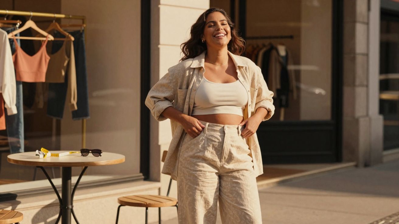 Mulher sorridente com roupa clara, em pose descontraída numa rua junto a montra de loja de roupa.