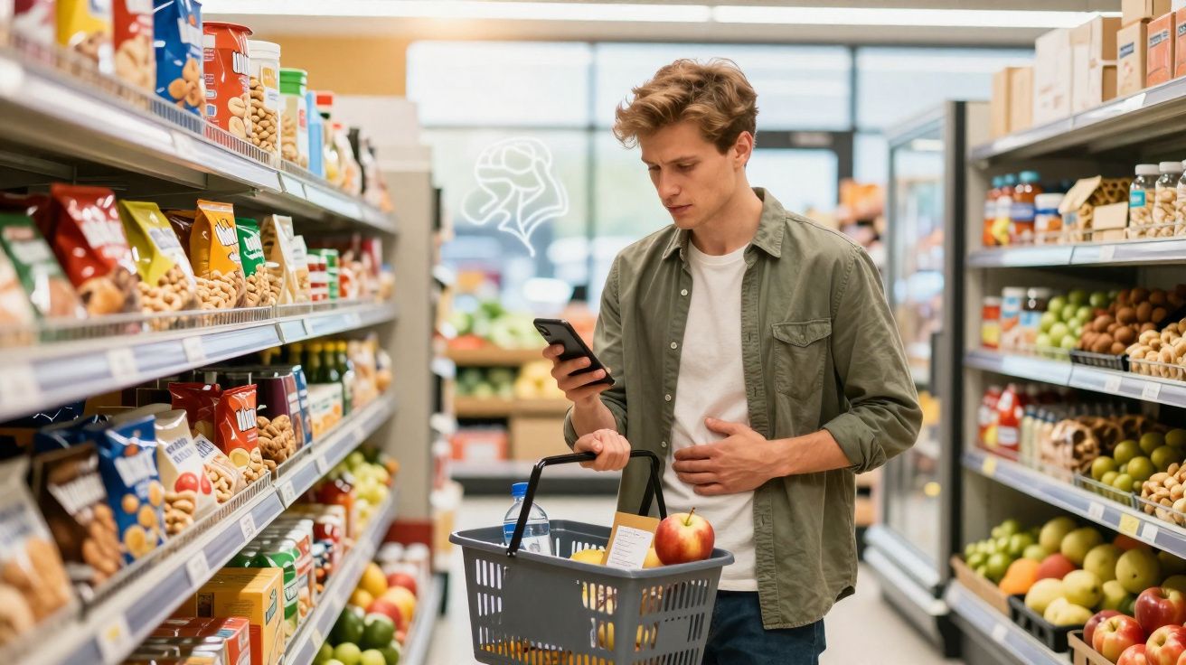Jovem em supermercado a consultar o telemóvel enquanto segura um cesto com compras variadas.