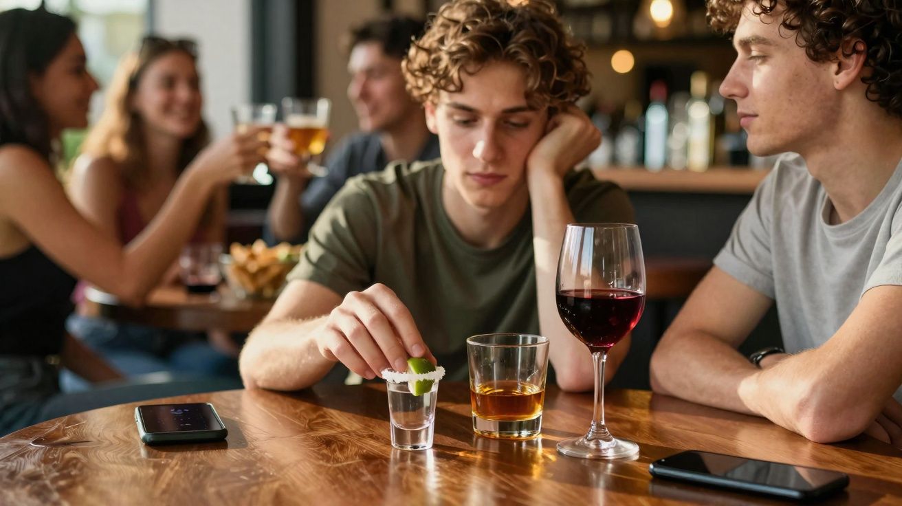 Dois jovens sentados à mesa de bar, um parece triste, com várias bebidas à frente, grupo ao fundo a brindar.