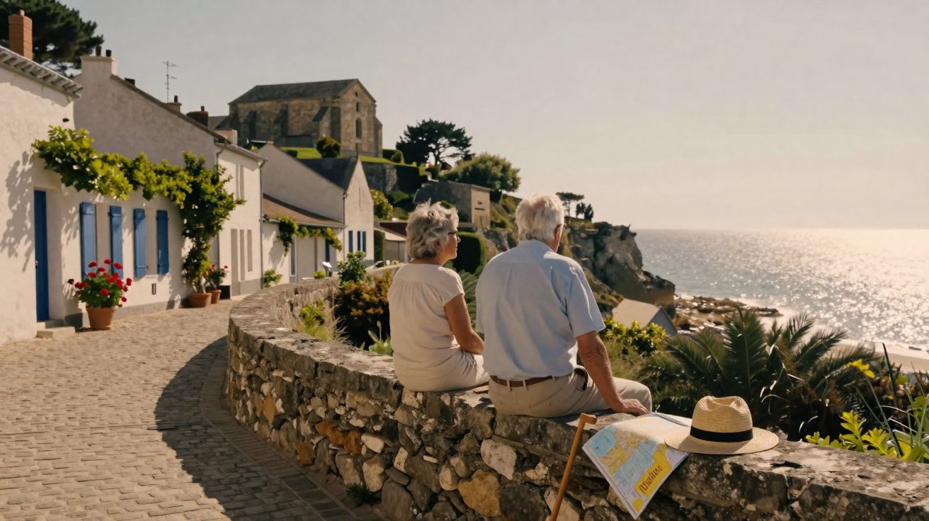 Casal idoso sentado num muro de pedra junto a casas brancas, olhando para o mar iluminado pelo sol.