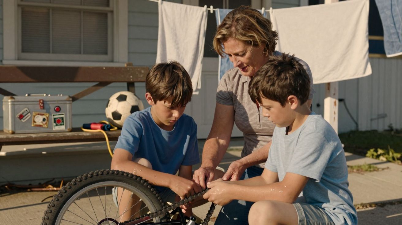 Mulher e duas crianças consertam a corrente de uma bicicleta ao ar livre numa tarde ensolarada.