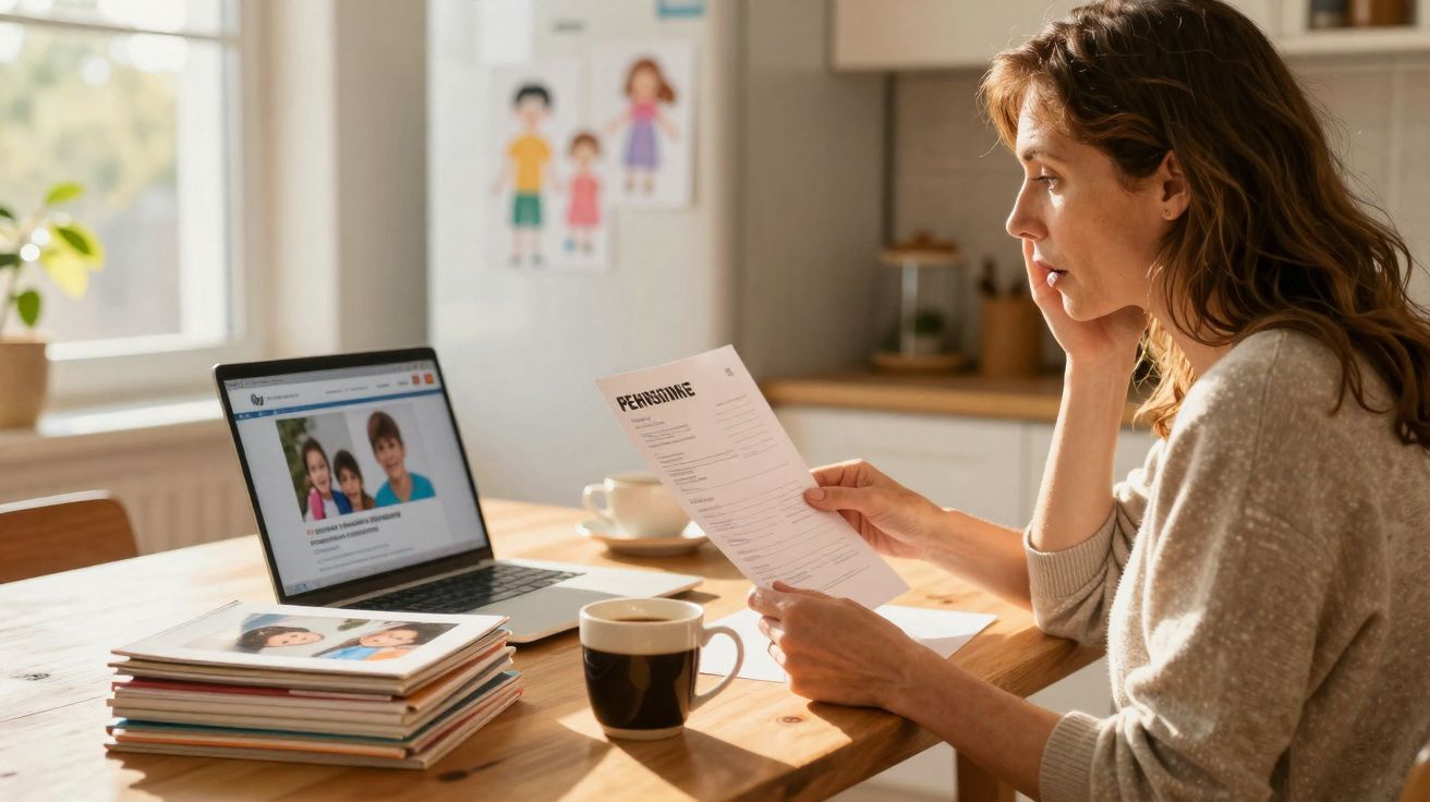 Mulher analisa documento "Pensão" à mesa com computador, livros e chá num ambiente de casa iluminado.