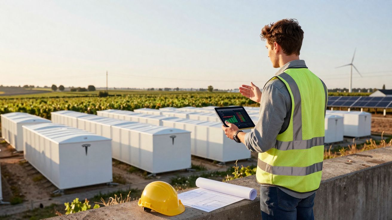 Engenheiro com colete refletor analisa baterias Tesla ao ar livre junto a painéis solares e turbinas eólicas.