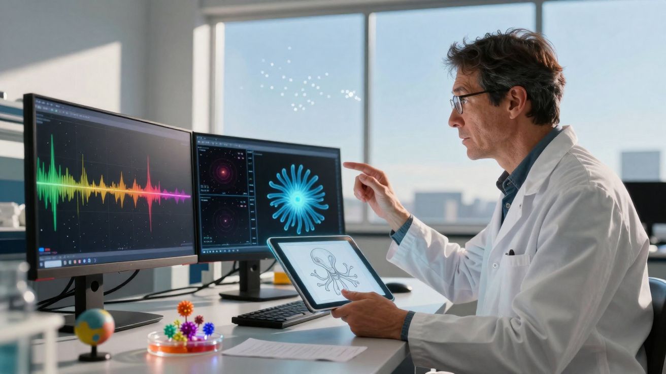 Cientista num laboratório analisa imagens científicas num tablet e em dois ecrãs de computador.