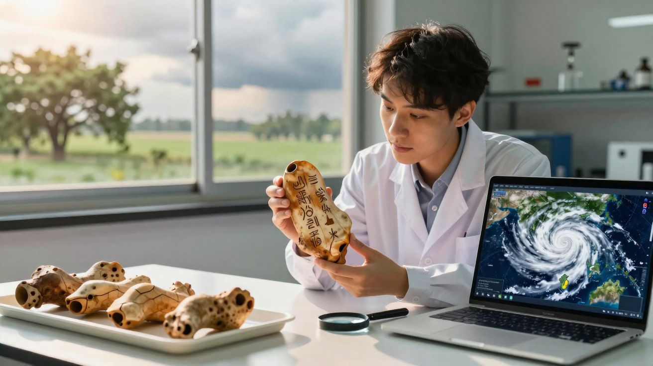 Homem em bata branca analisa artefato antigo com escrita, ao lado de portátil e outros objetos numa mesa.