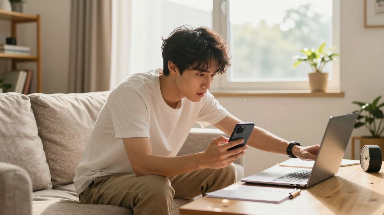Jovem sentado no sofá a usar smartphone e laptop numa sala bem iluminada e com plantas na janela.