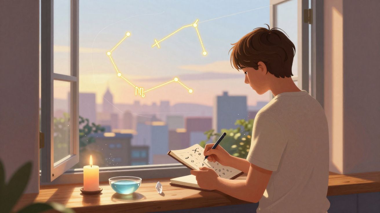 Pessoa jovem sentada junto a uma janela ao entardecer, a escrever num caderno com constelações visíveis no céu.