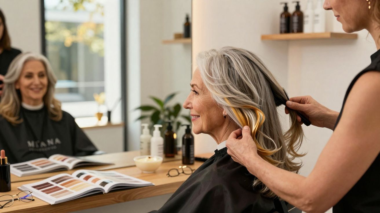 Mulher idosa sorridente a receber tratamento de cabelo loiro num salão de beleza moderno.