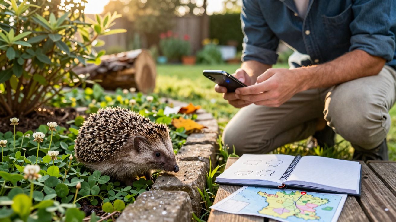 Porco-espinho no jardim junto a pessoa com caderno e telemóvel a registar observações.