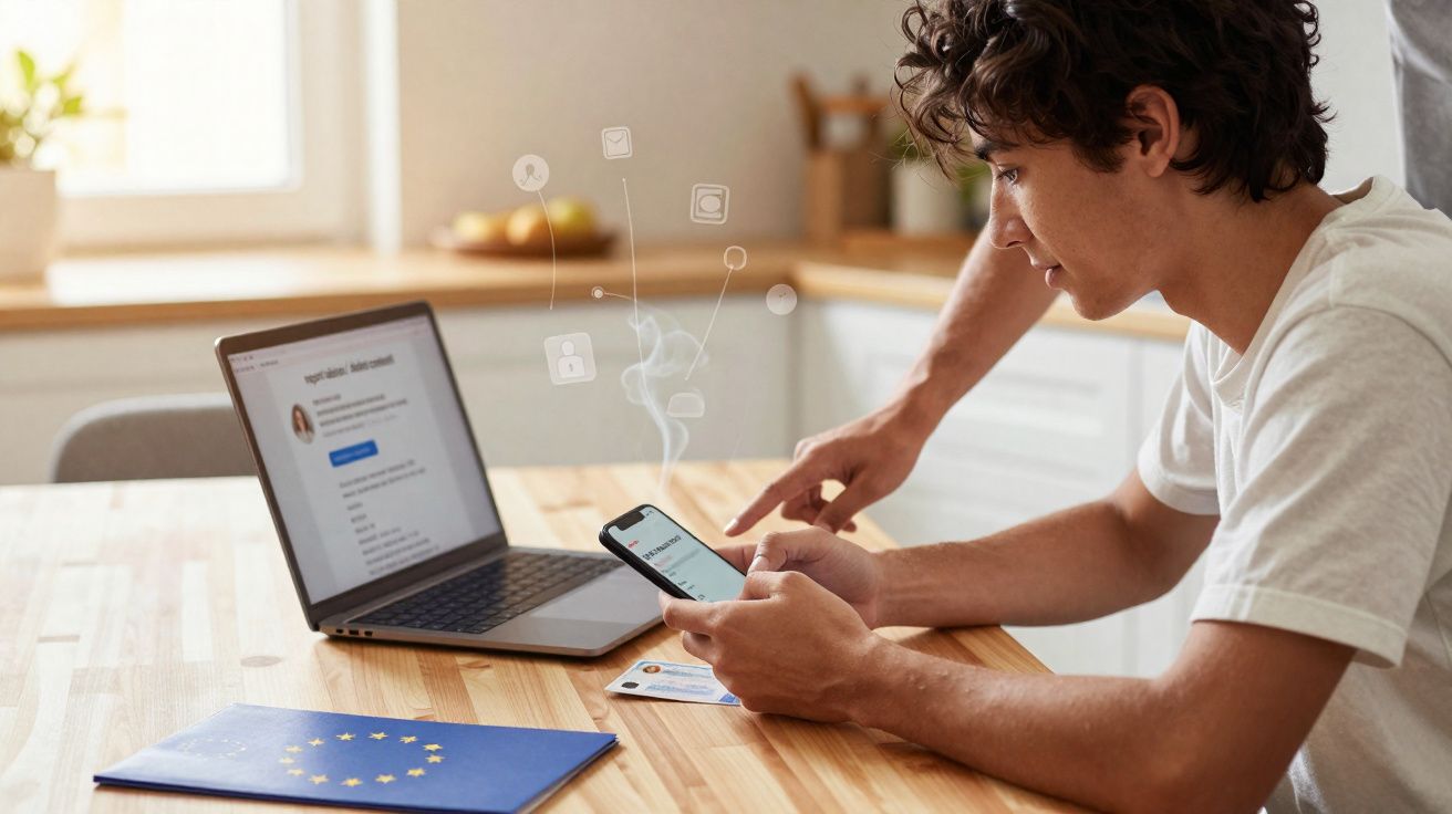 Jovem a usar telemóvel e computador portátil numa mesa com passaporte europeu aberto.
