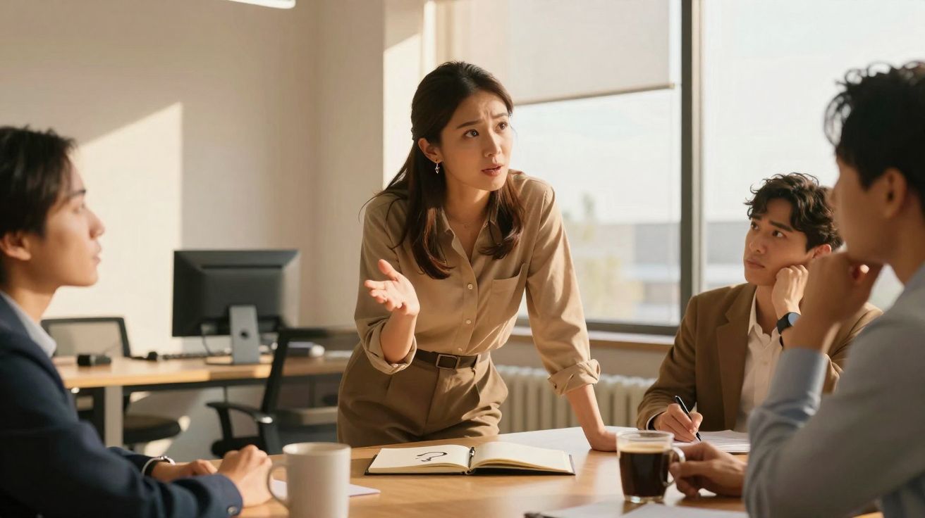 Mulher lidera reunião de trabalho com três colegas sentados à volta de mesa dentro de escritório iluminado.