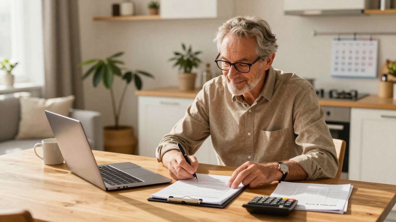 Homem sénior com óculos trabalha documentos numa cozinha moderna, com computador portátil e calculadora à sua frente.
