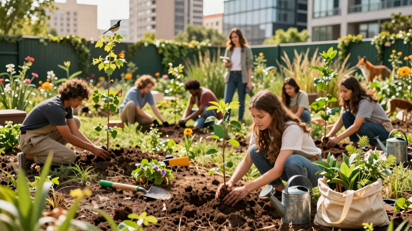 Grupo de jovens a plantar árvores e flores num jardim comunitário urbano durante o dia.