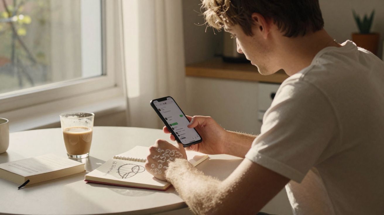Jovem sentado à mesa a usar smartphone, com caderno aberto, café e livro à sua frente junto a uma janela.