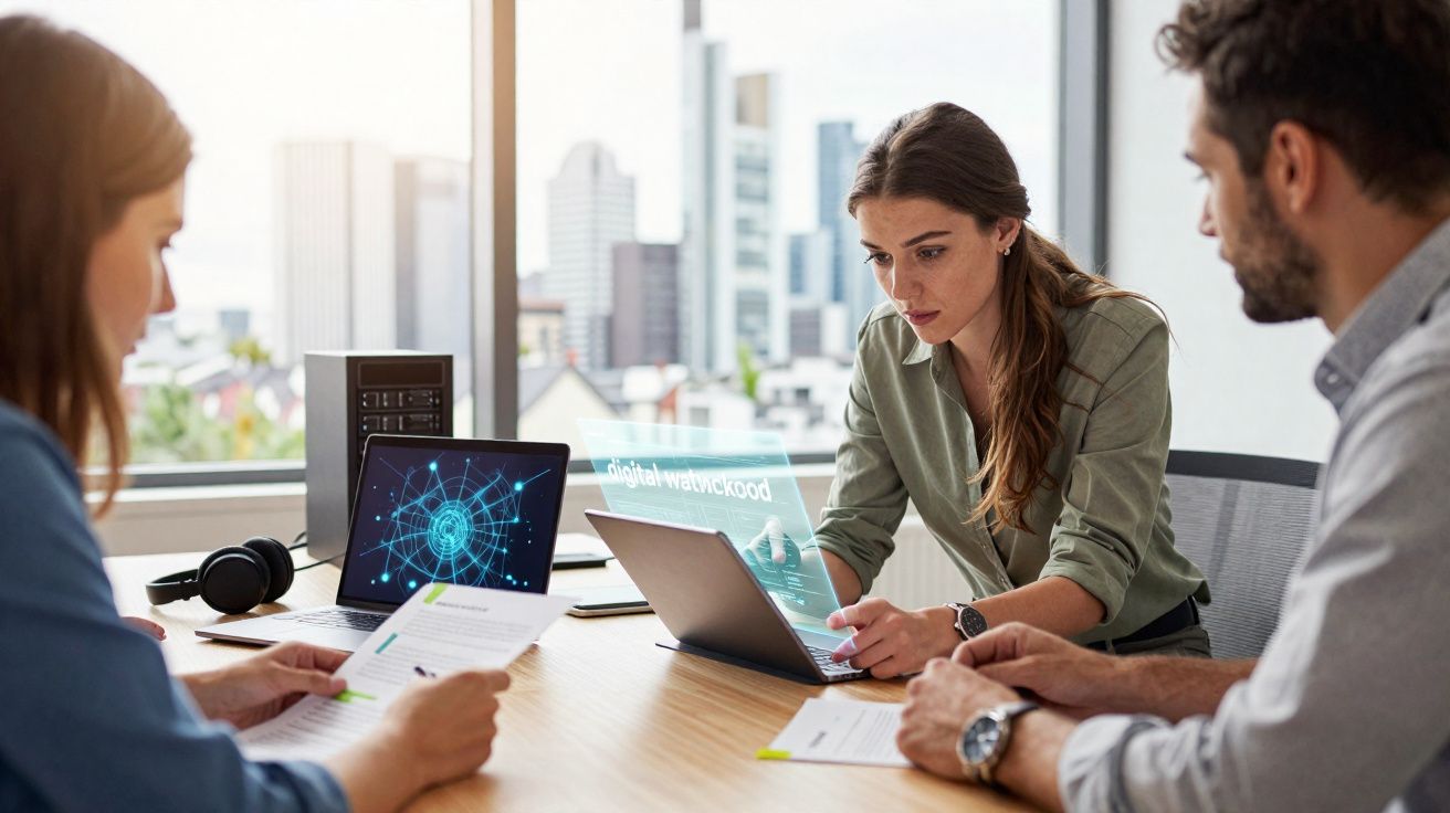 Três profissionais concentram-se em documentos e tecnologias digitais numa reunião numa sala com vista para a cidade.