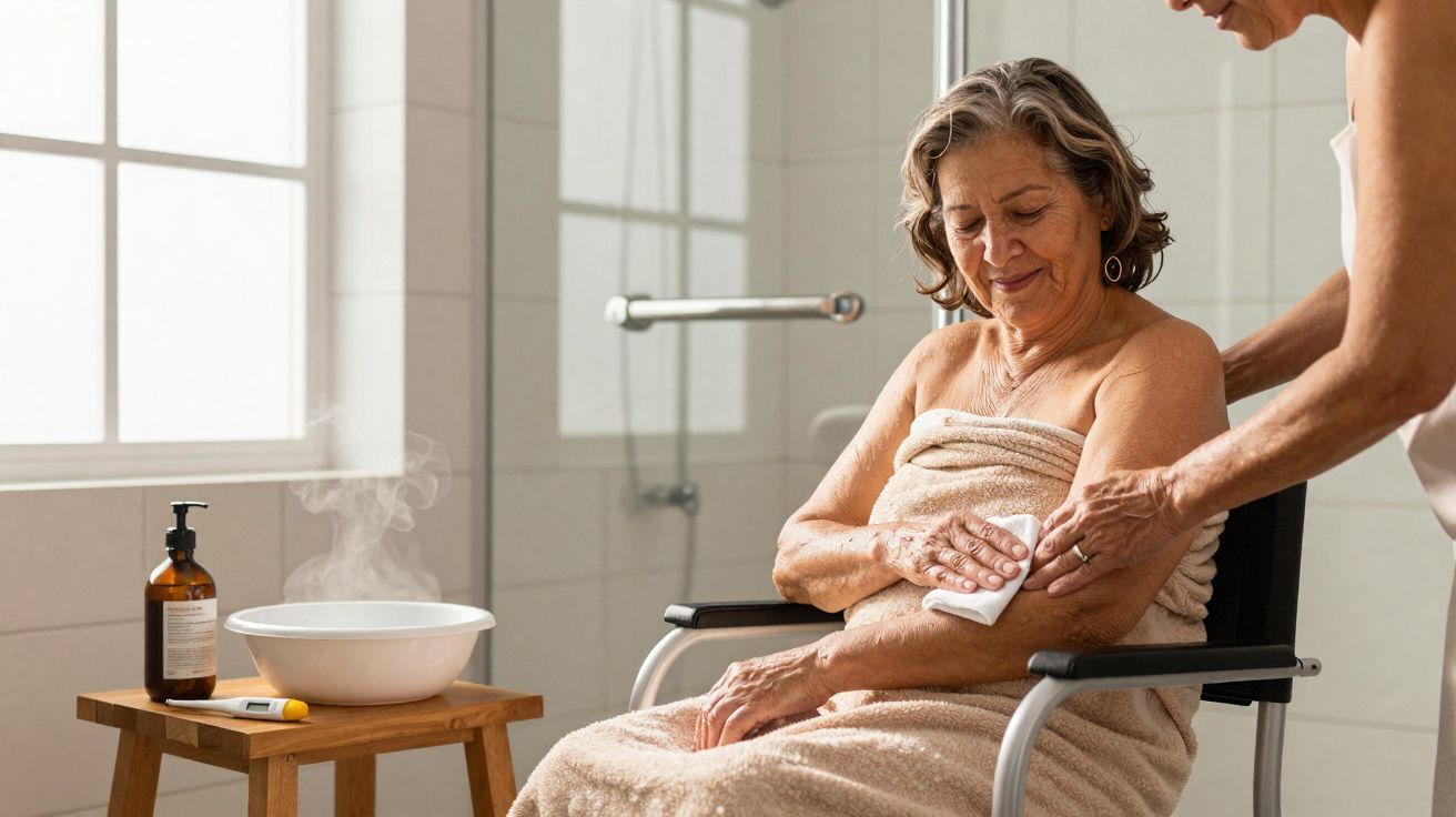 Idosa sentada em cadeira de rodas a receber tratamento de pele no braço, acompanhada por cuidador.