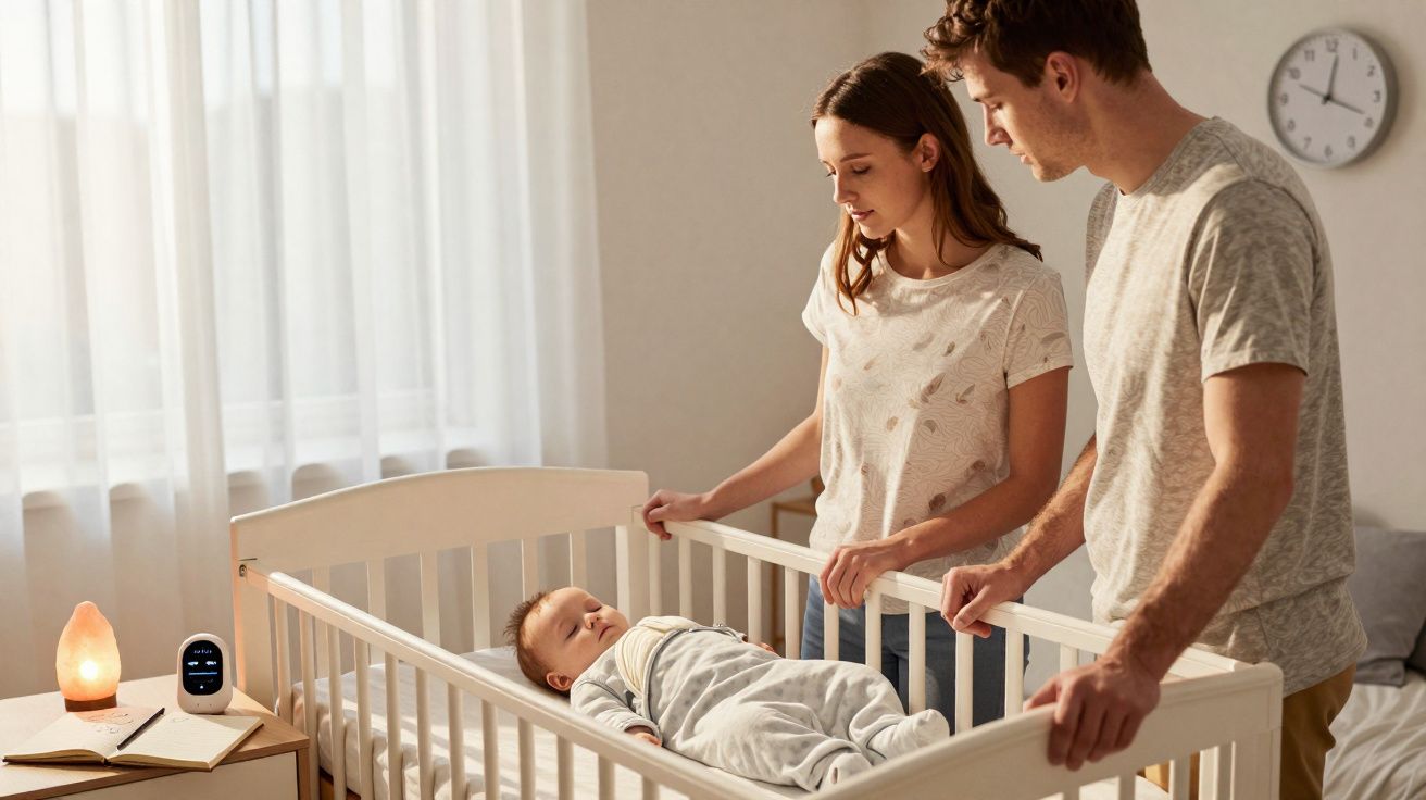 Pais atentos olhando para o bebé a dormir num berço branco, num quarto iluminado e acolhedor.