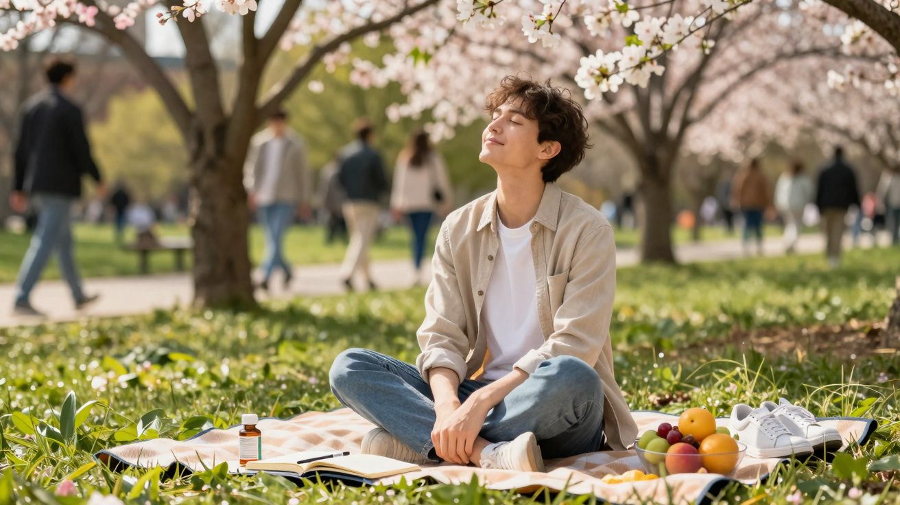 Pessoa sentada de olhos fechados sob árvore com flores cor-de-rosa, em parque verde, rodeada de frutos e livro aberto.