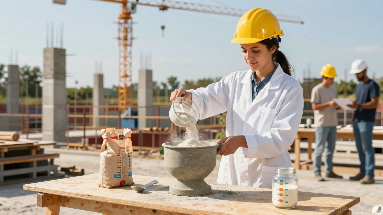 Mulher com capacete e bata a misturar cimento numa obra de construção ao ar livre.