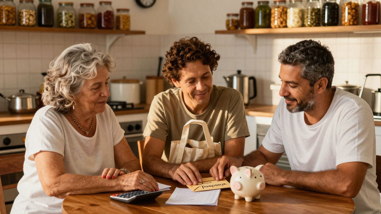 Três adultos sentados à mesa na cozinha, a planear poupanças com cofrinho, calculadora e notas.
