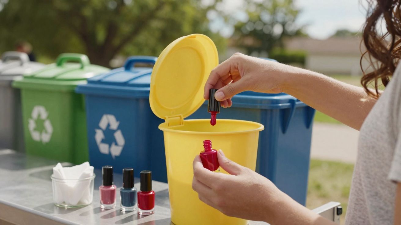 Pessoa a descartar verniz de unhas numcontentor amarelo com vários contentores de reciclagem ao fundo.