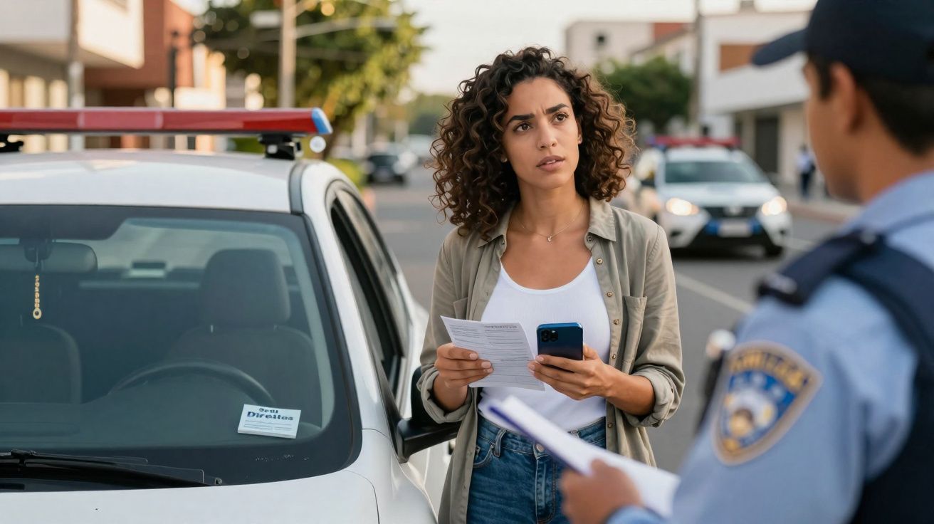 Mulher conversa com polícia na rua junto a carro branco, segurando papel e telemóvel na mão.