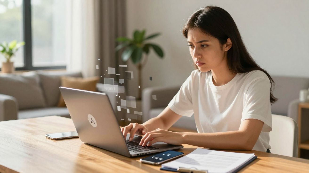Jovem mulher concentrada a trabalhar num portátil numa mesa com caderno, telemóvel e documentos.