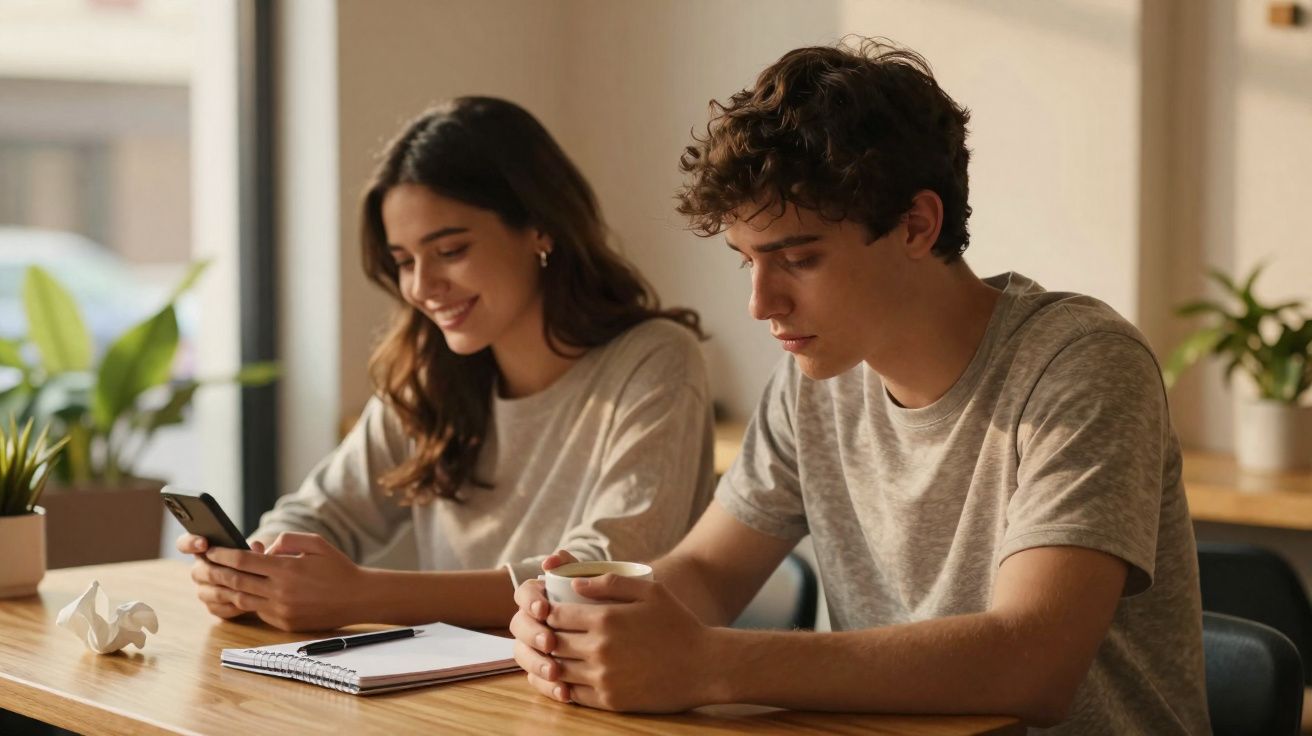 Jovem homem e mulher sentados à mesa, ele com chá nas mãos e ela a olhar para o telemóvel, ambiente descontraído.