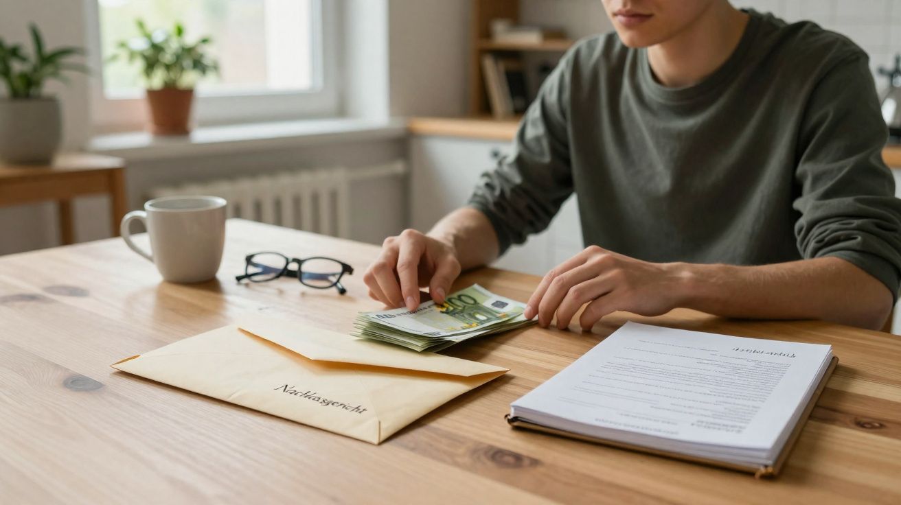 Pessoa a contar dinheiro em euros junto a envelope e documentos sobre mesa de madeira.