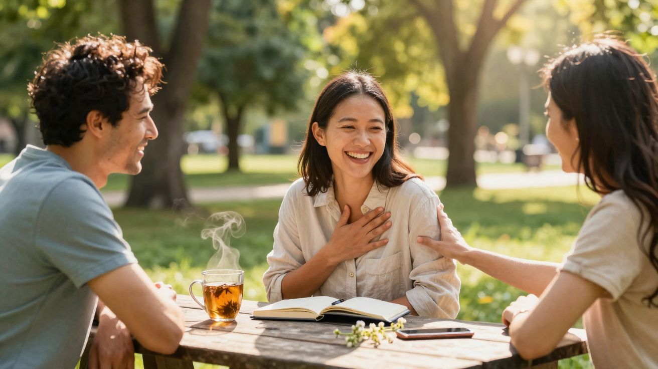 Três pessoas sentadas à mesa num parque, sorrindo e conversando num ambiente ensolarado e relaxado.