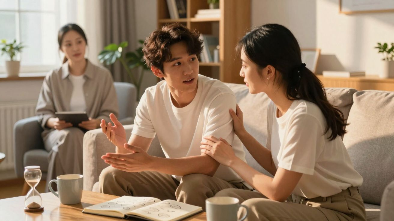 Casal sentado no sofá a conversar, com uma terapeuta sentada ao fundo com um tablet.