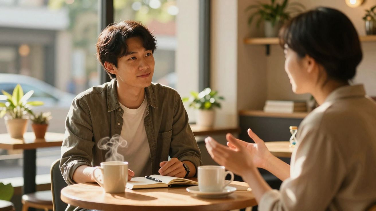 Duas pessoas conversam numa cafetaria, com chá quente e caderno numa mesa de madeira junto à janela.