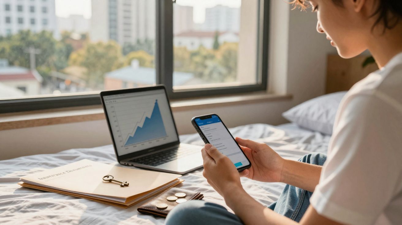 Pessoa sentada na cama a usar telemóvel com gráfico de crescimento no computador portátil em frente.
