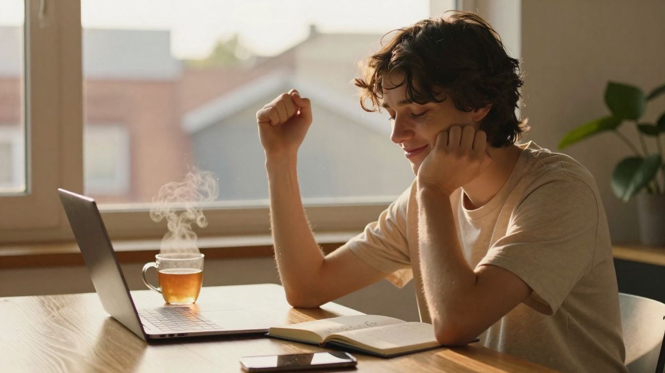 Jovem sentado a sorrir junto a portátil, chá quente, caderno e telemóvel numa mesa à luz natural.