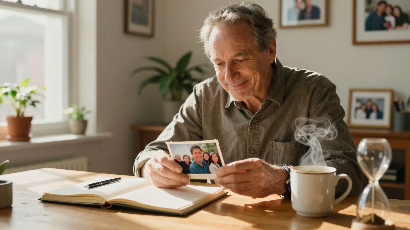 Homem idoso sentado à mesa, sorrindo ao olhar fotografia de família, com caderno aberto e chá quente.