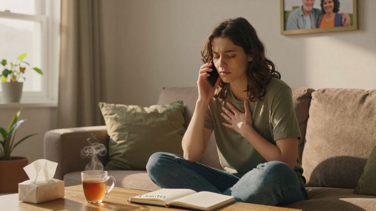 Mulher sentada no sofá, preocupada, fala ao telemóvel com mão no peito, ao lado chá, lenços e caderno aberto.