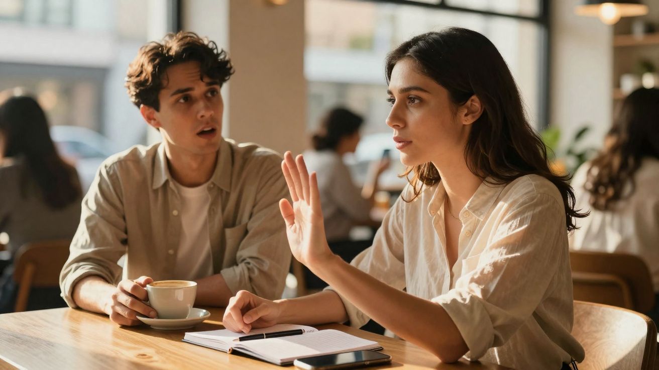 Mulher levanta a mão enquanto homem a escuta atento numa conversa num café.