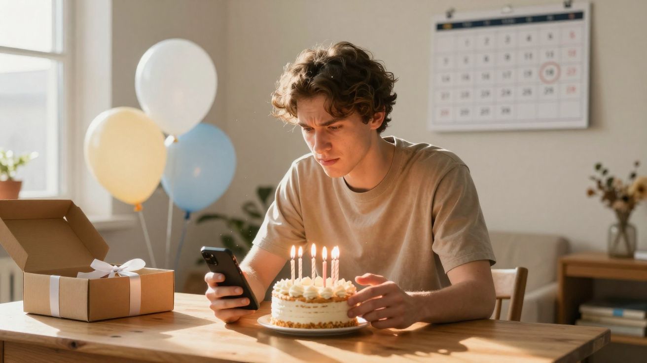 Jovem sentado à mesa a olhar para o telemóvel com bolo de aniversário aceso e caixas de presente ao lado.