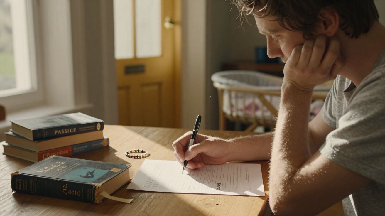 Homem sentado a escrever numa mesa de madeira com livros empilhados e luz natural.