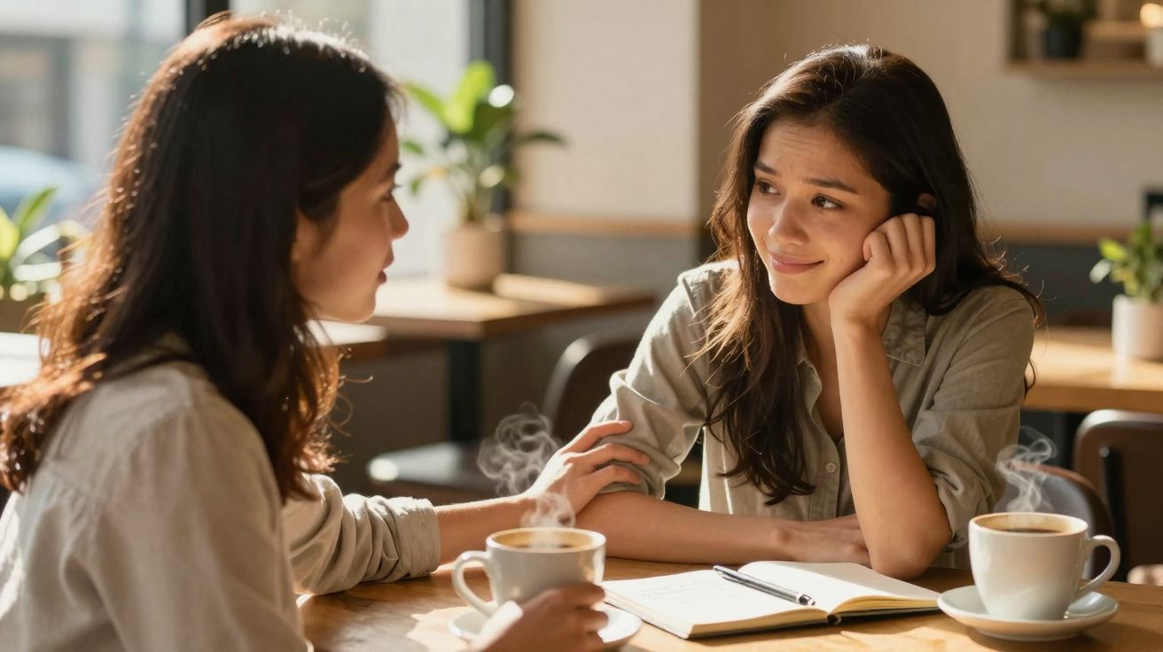 Duas mulheres conversam numa cafetaria, com café quente e um caderno aberto na mesa à frente.