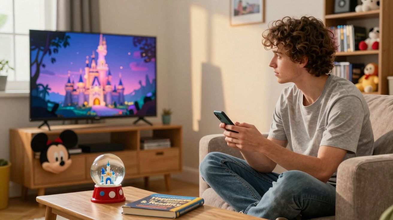 Jovem sentado no sofá a ver televisão com castelo animado, segurando comando, numa sala com decoração infantil.