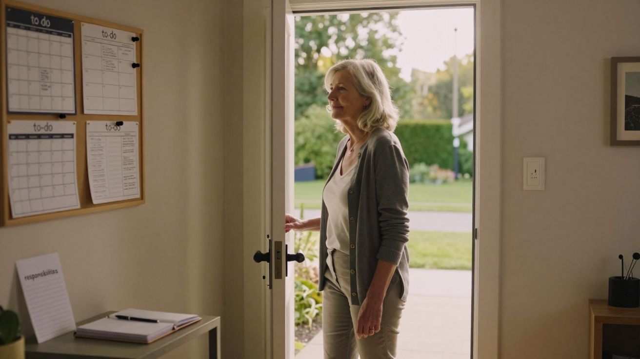 Mulher de cabelos grisalhos a abrir a porta para o jardim numa casa acolhedora com quadros de tarefas na parede.